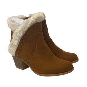 UNR8ED Coco Girls Faux Fur Ankle Boots Youth Size 13M Chestnut Trim Block Heel